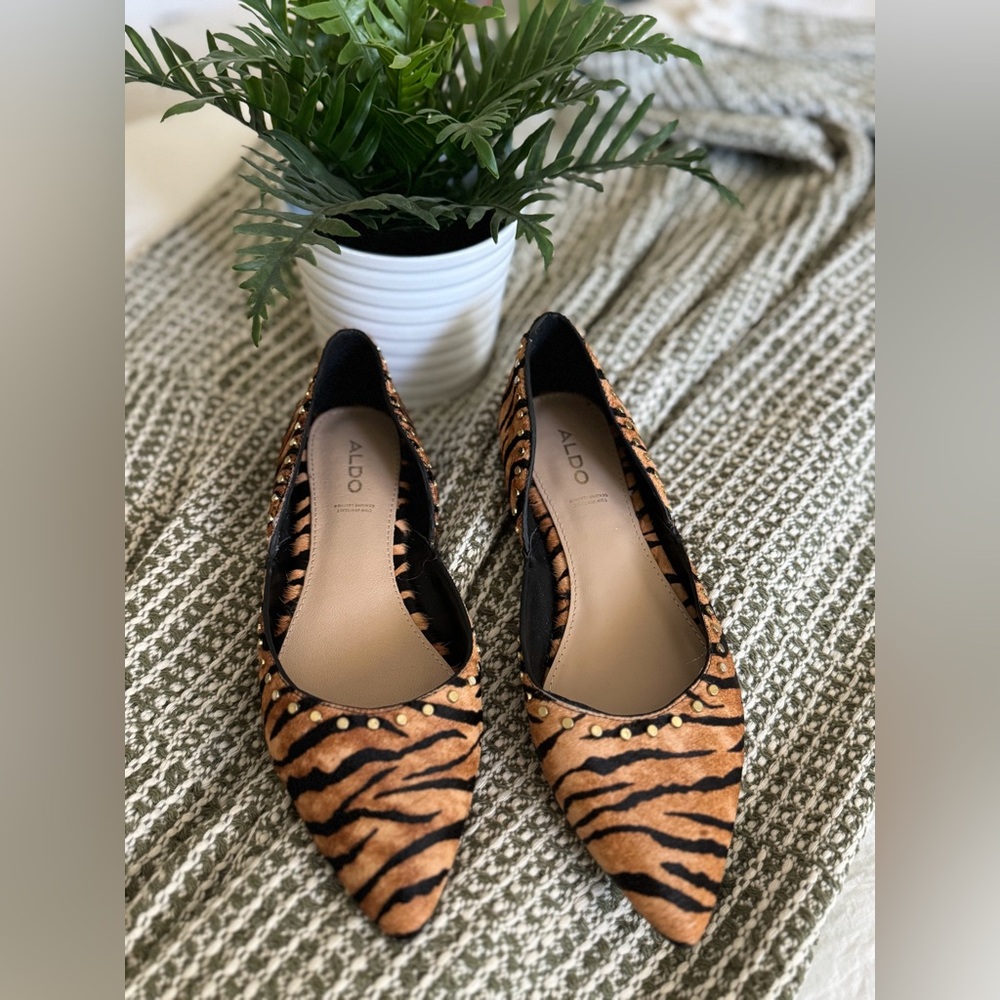 ALDO Women's Tiger-Print Pointed Toe Flats - Tan/Black, Size 7 Genuine Leather